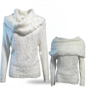 Bebe Sweater off the shoulder or cowl White Size L Fuzzy Soft Party Vintage EUC